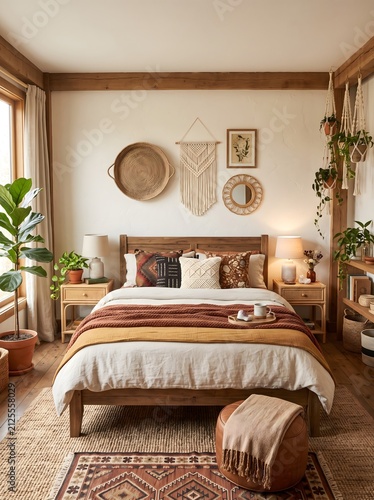 A cozy bohemian bedroom interior, straight-on perpendicular view facing the bed, centered wooden bed with layered cream and terracotta textiles, rattan bedside tables, woven wall decorations
