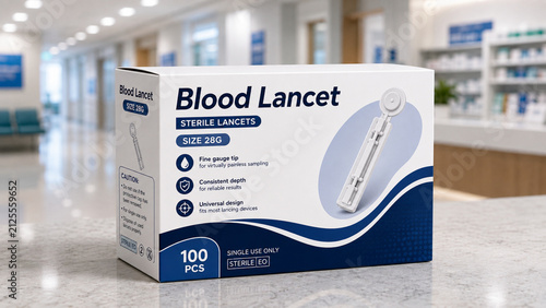 Packaging box of sterile blood lancets on a medical clinic counter.