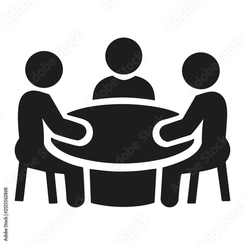 Black silhouette icon of three people seated around a round table, symbolizing teamwork, group meeting, discussion, collaboration, roundtable conversation, planning and cooperation