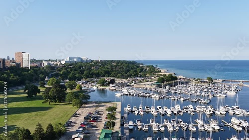 Aerial Drone View of McKinley Marina and Lake Michigan, Milwaukee, Wisconsin”