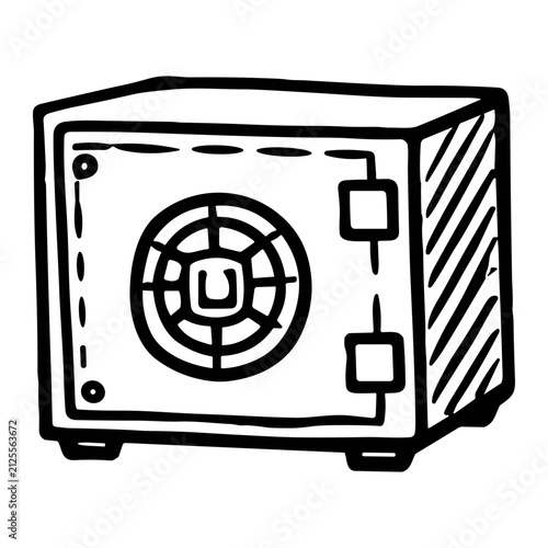 Hand-drawn black and white sketch of a compact metal safe with a circular combination dial on the door, visible hinges and latch, and textured side panels in bold outline style.