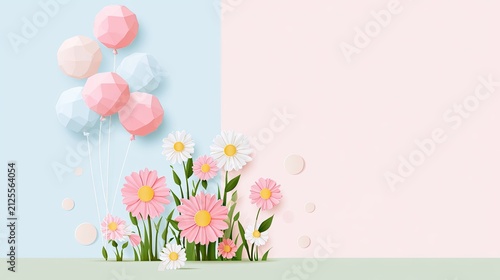 Whimsical pastel balloons and geometric flowers bloom against a soft, divided background