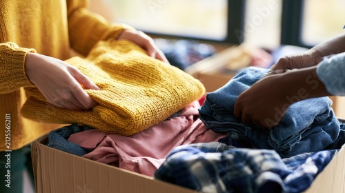 Hands fold warm clothes into a donation box