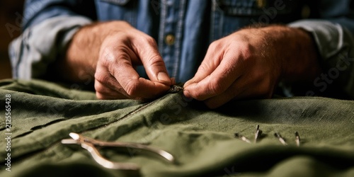 Close-up of hands sewing a green garment with needle and thread