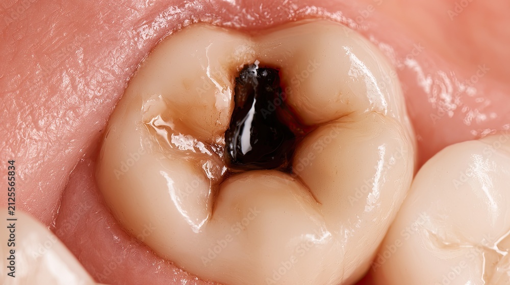 Fototapeta premium Close-up of a human molar tooth with a dark cavity
