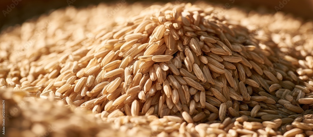 Obraz premium Close-up of a pile of unprocessed, light brown grains illuminated by warm light