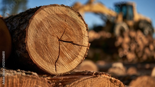 Close-up of a freshly cut wood log with growth rings, excavator in background