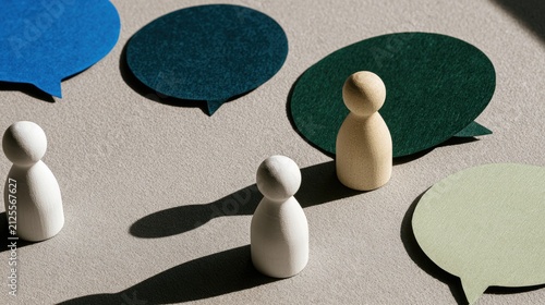 Wooden figures and colored speech bubbles symbolize communication and connection