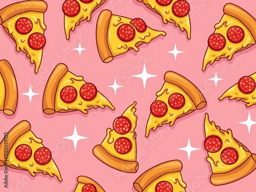 Slices of pepperoni pizza with melted cheese arranged in a pattern on a pink background