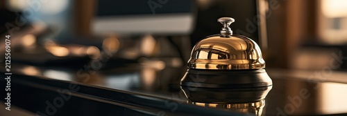 A close-up, shallow depth of field shot of a shiny golden service bell