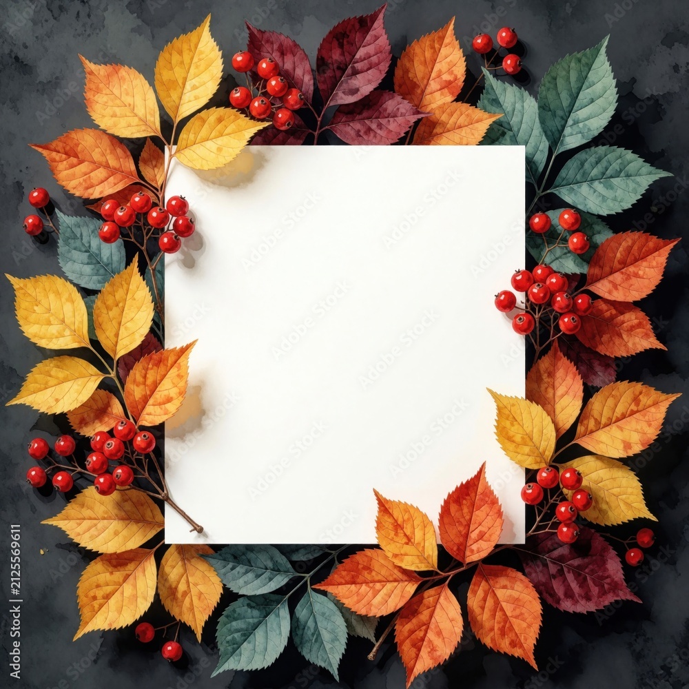 Obraz premium Square white blank space framed by vibrant autumn leaves and red berries. Nature fall foliage creates a decorative border around a central empty area for text or design.