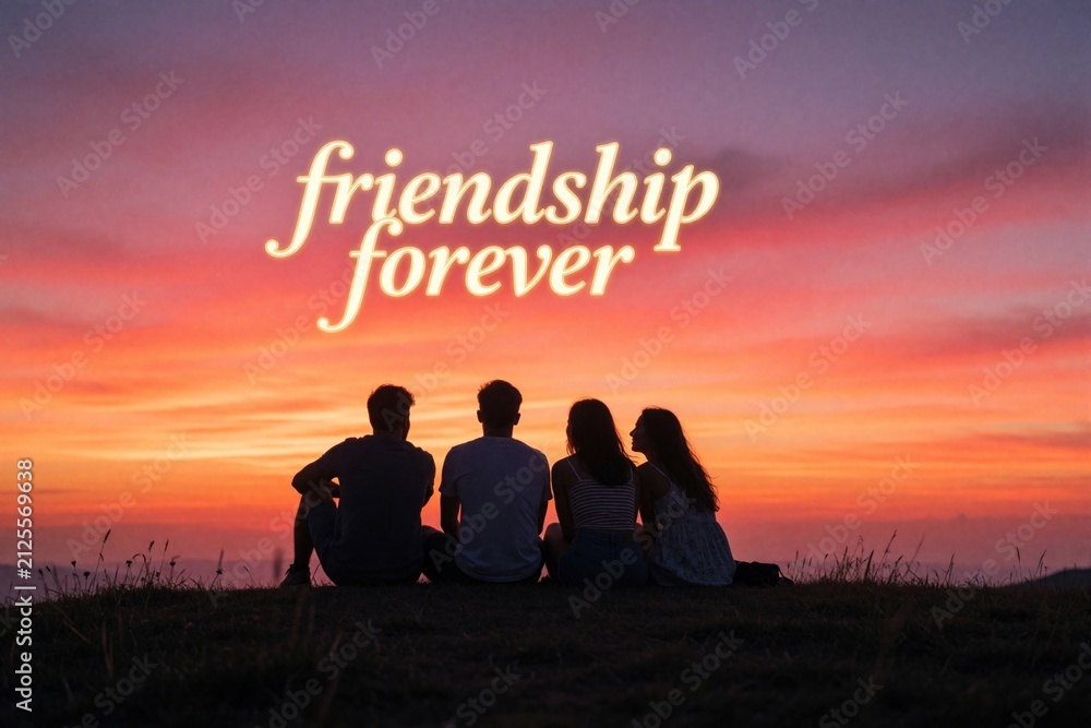 Obraz premium Four friends sit on hill at sunset watching colorful sky. Text displays friendship forever. They are silhouetted against vibrant orange and purple clouds. Bonding and togetherness are key themes.