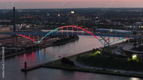  bridge Aerial View of Illuminated Hoan Bridge and Harbor Entrance at Dusk, Milwaukee, Wisconsin” on August 3 2026 