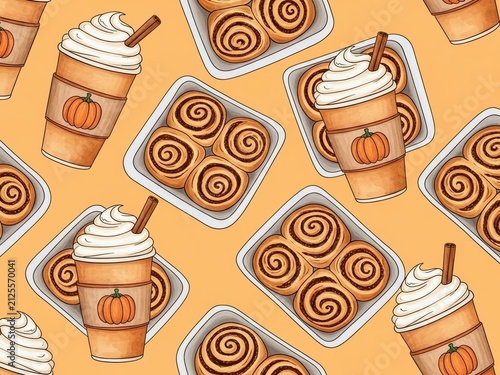 Seamless pattern of cinnamon rolls and pumpkin spice lattes with cinnamon sticks, evoking autumn fall season comfort food