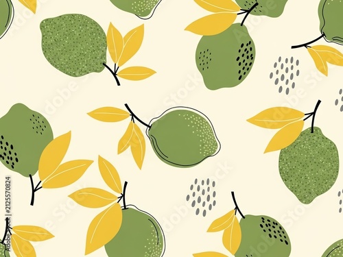 Fresh lime pattern with yellow leaves and abstract dots on a light background for vibrant citrus themes