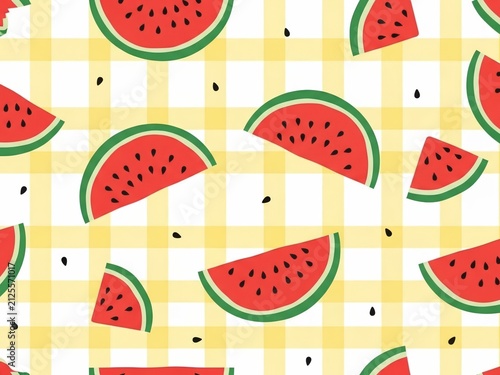 Summer watermelon slices on a yellow checkered background for picnic and food themes