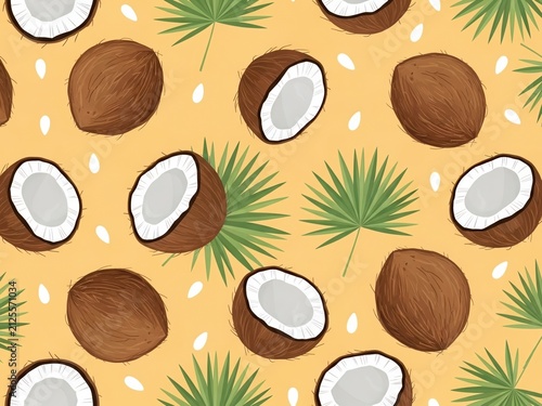 Whole and halved coconuts with palm leaves pattern for tropical and exotic themes