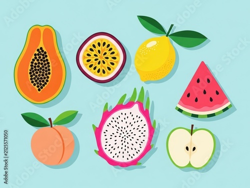 Vibrant assortment of exotic and familiar tropical fruits including papaya, passion fruit, lemon, dragon fruit, apple, peach, and watermelon