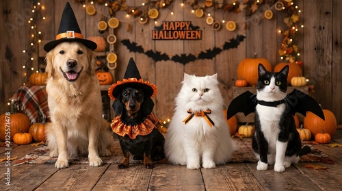 Group of pets including dogs and cats dressed in halloween costumes