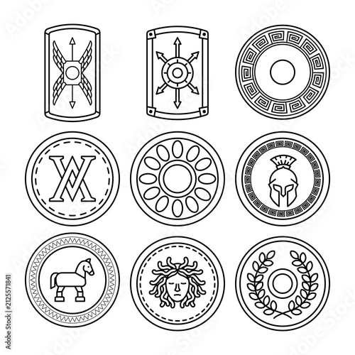 Bild auf Leinwand Ancient Roman Shield Icon Set with Scutum, Spartan Helmet, Medusa, Laurel, Wreath Greek