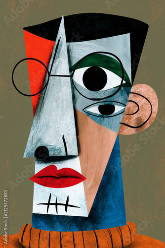 A cubist abstract portrait of a person's face with geometric shapes, glasses, and red lips.