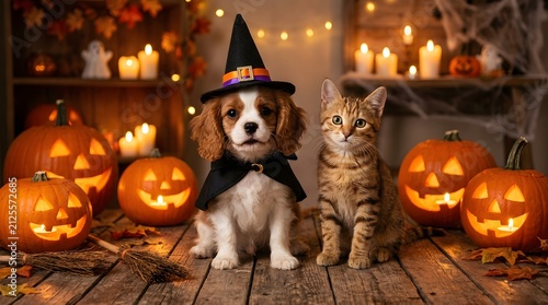 Cavalier king charles spaniel puppy and tabby kitten in halloween costumes