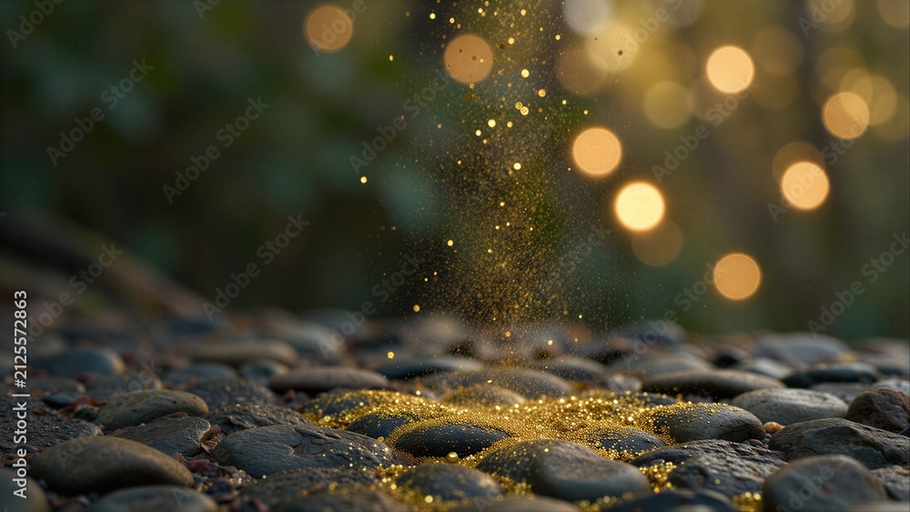 Fototapeta premium Golden sparkles dance over smooth stones, bathed in warm, dreamy sunlight.