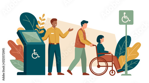 diverse staff assisting man pushing woman in wheelchair near accessible kiosk and sign, illustrating public accessibility services and symbolizing inclusive community support