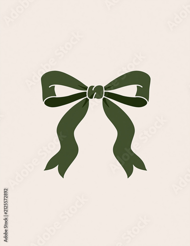 A simple, stylized illustration of a dark green bow with flowing tails on a light beige background.