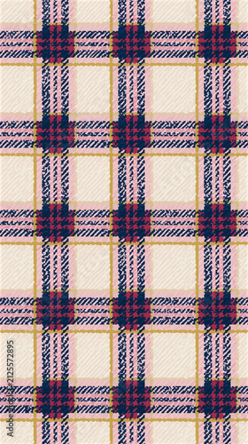 Close-up view of a classic plaid fabric pattern with cream, navy, red, and yellow lines.
