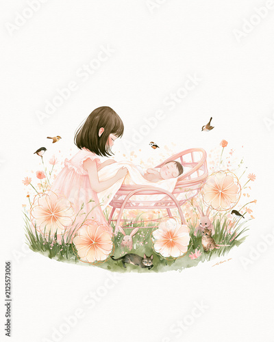 A gentle illustration of a young girl in a pink dress looking at a baby in a crib, surrounded by soft pastel flowers, birds, and a small animal in a serene garden setting.