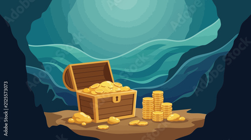 Cartoon Treasure Chest with Gold Coins in Cave Illustration