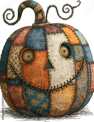 A whimsical, patchwork pumpkin character with a stitched face and wide, curious eyes, set against a white background.