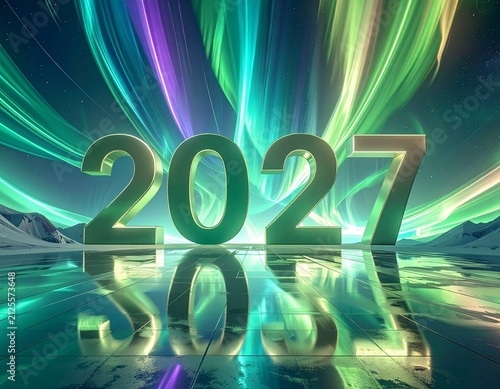 Vibrant 2027 vision with shimmering, reflective numbers set against a breathtaking backdrop of energetic, abstract light streaks, symbolizing future growth, technological progress, and new beginnings