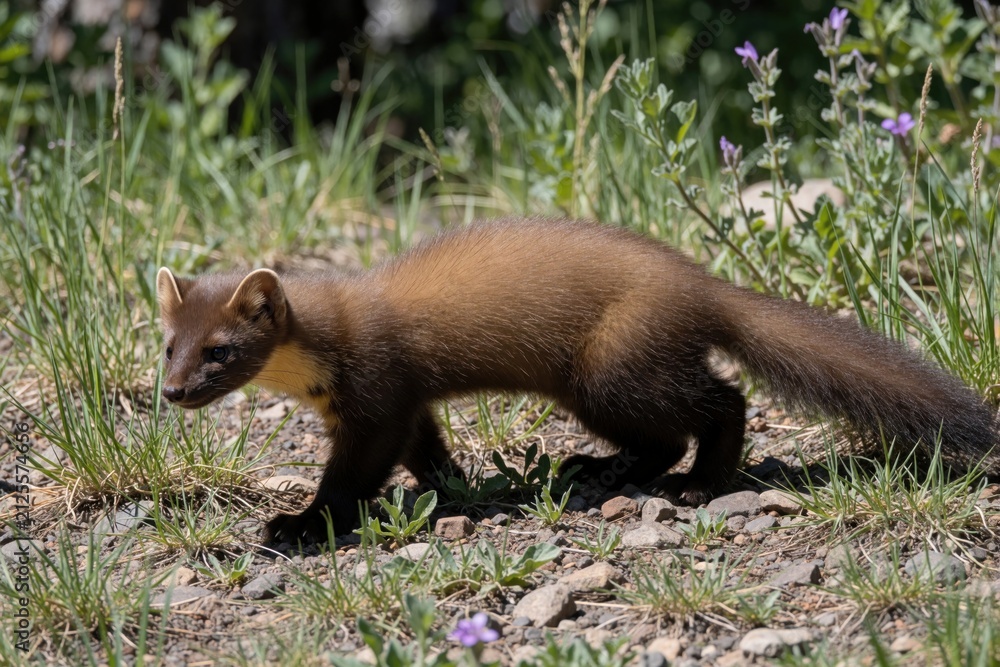 Obraz premium Wild pine marten walks on ground in mountain forest. Small brown predator mammal moves through green grass, rocky trail in summer wilderness. Cute furry carnivore creature explores natural habitat