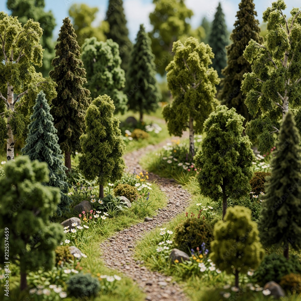 Obraz premium Miniature diorama of forest landscape with winding stony path. Small scale trees like pine spruce, birch stand in green grass with tiny flowers. Hand made model shows realistic ecosystem with bushes