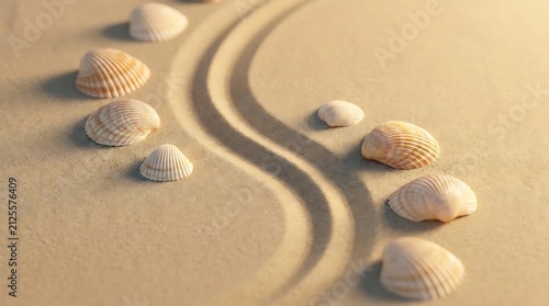 A serene zen garden composition with seashells arranged along sweeping lines in the sand, illustrating the peaceful process of an amicable divorce.