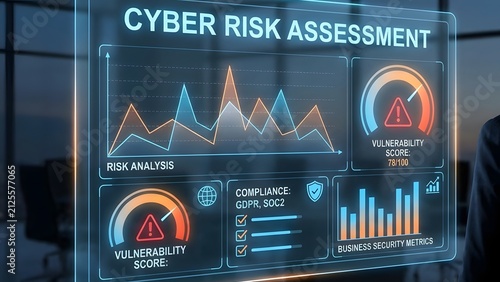 Professional digital dashboard displaying cyber risk assessment data with analytical charts and security metrics on a transparent glass screen