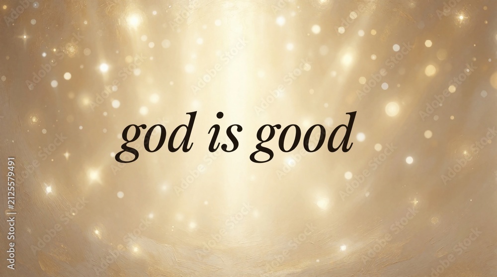 Obraz premium Text lettering god good written on bright shiny golden background with light glow. Religious quote design for spiritual inspiration. Christian graphic card with glowing sparkles, stars. Holy message