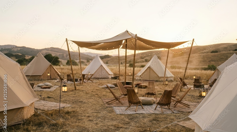 Naklejka premium Luxury glamping site with canvas bell tents in open field. Outdoor camping retreat for eco tourism and nature recreation. Travel destination for wilderness adventure and relaxation.