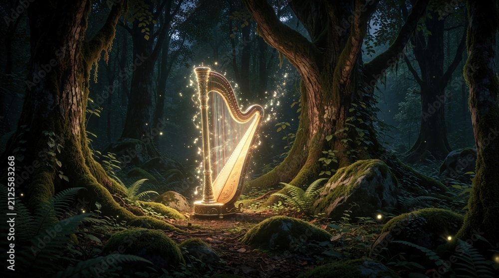 Fototapeta premium Golden musical harp glows bright in dark mystical forest at night. Magical light sparkles around strings in mossy woods. Ethereal fantasy instrument stands among old trees under stars. Serene