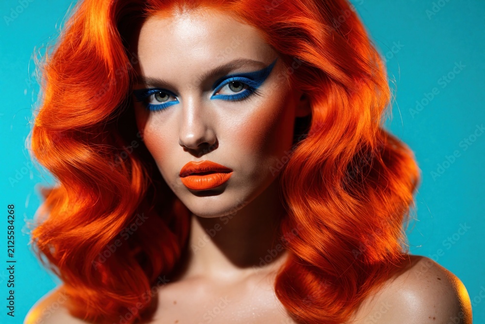 Obraz premium Young woman with bright orange hair, blue eyeliner look at camera. Pro fashion model wears vibrant makeup in studio. Bright contrast portrait features colorful hair style, bold beauty aesthetic.