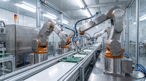 Cuadro en lienzo Modern Industrial Factory Interior with Automated Conveyor Belt Metal Manufactur