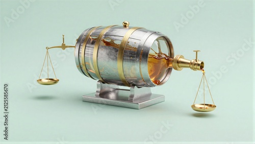 Barrel pours liquid into scales, symbolizing justice or balance in alcohol industry.