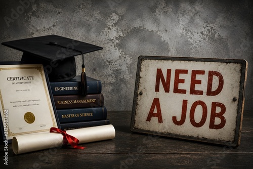 Need a job concept with graduation cap, diploma certificate, academic books and employment opportunity sign
