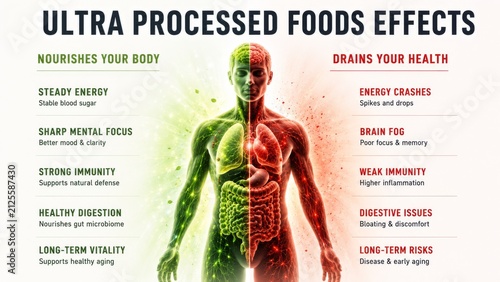 Comparison of healthy and ultra processed food effects on human body. Anatomy chart showing nutritional impact and wellness benefits versus health risks, disease