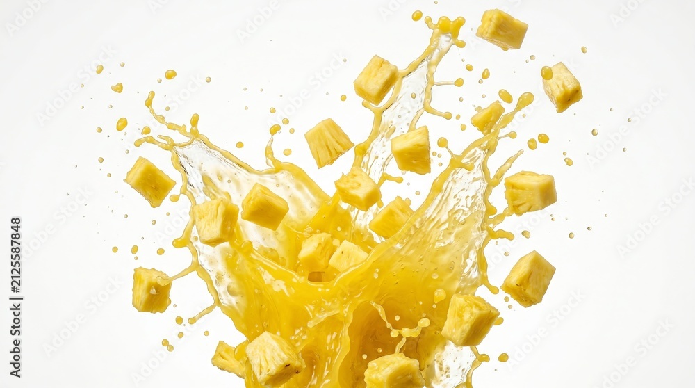Fototapeta premium Pineapple juice splash with fresh fruit chunks. Dynamic explosion of yellow tropical liquid and pineapple pieces