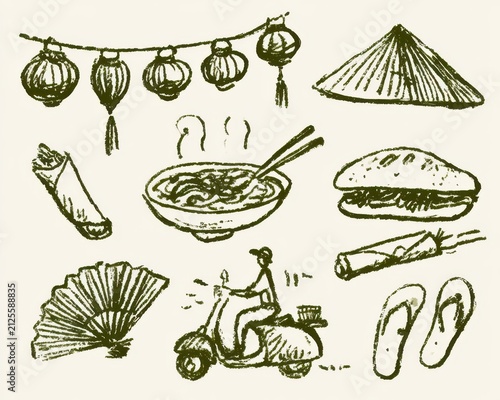 Collection of handdrawn vietnamese culture and street food icons