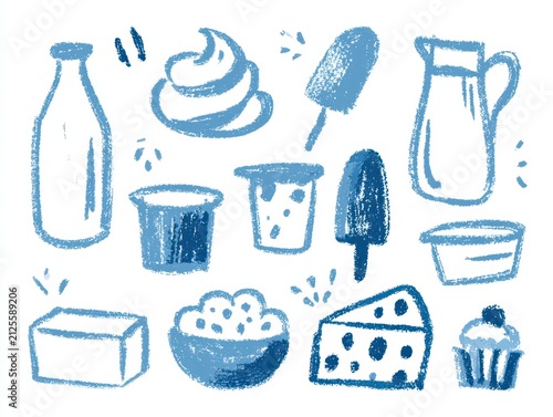 Set of handdrawn dairy products icons, including milk, cheese, yogurt, ice cream, and butter