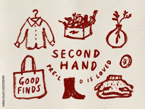 Set of handdrawn second hand shopping icons, thrift store elements, vintage clothing, and accessories